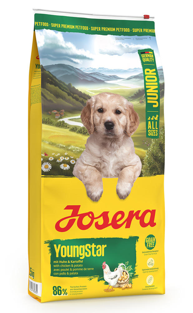 Корм Йозера YoungStar беззерновой корм для щенков и молодых собак с мясом дом.птицы 28% и картофелем (Junior 25/13), 12.5 кг.