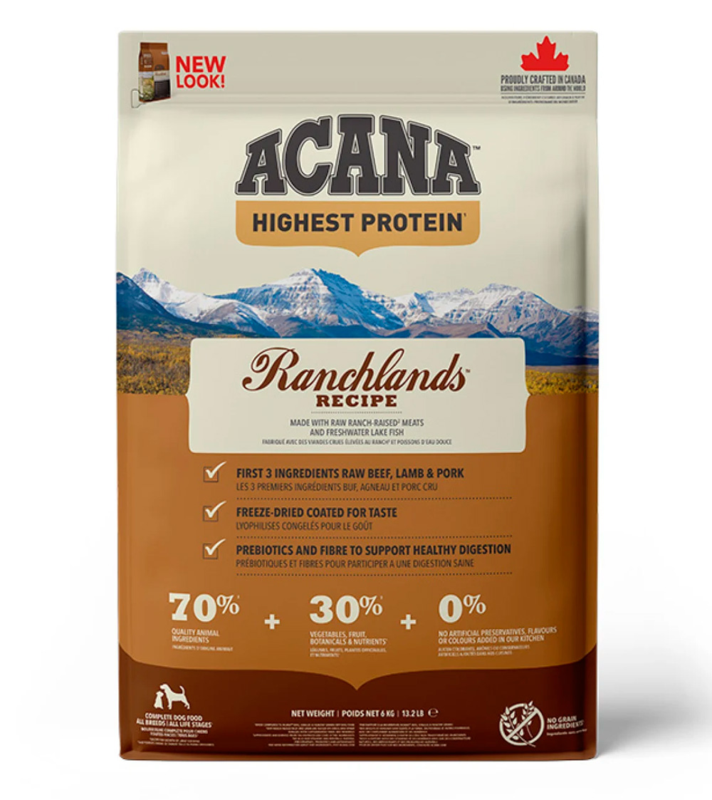 Корм беззерновой Акана Ранчлэндс (ACANA Dog Ranchlands Highest Protein) для собак всех пород c говядиной, ягненком и свининой