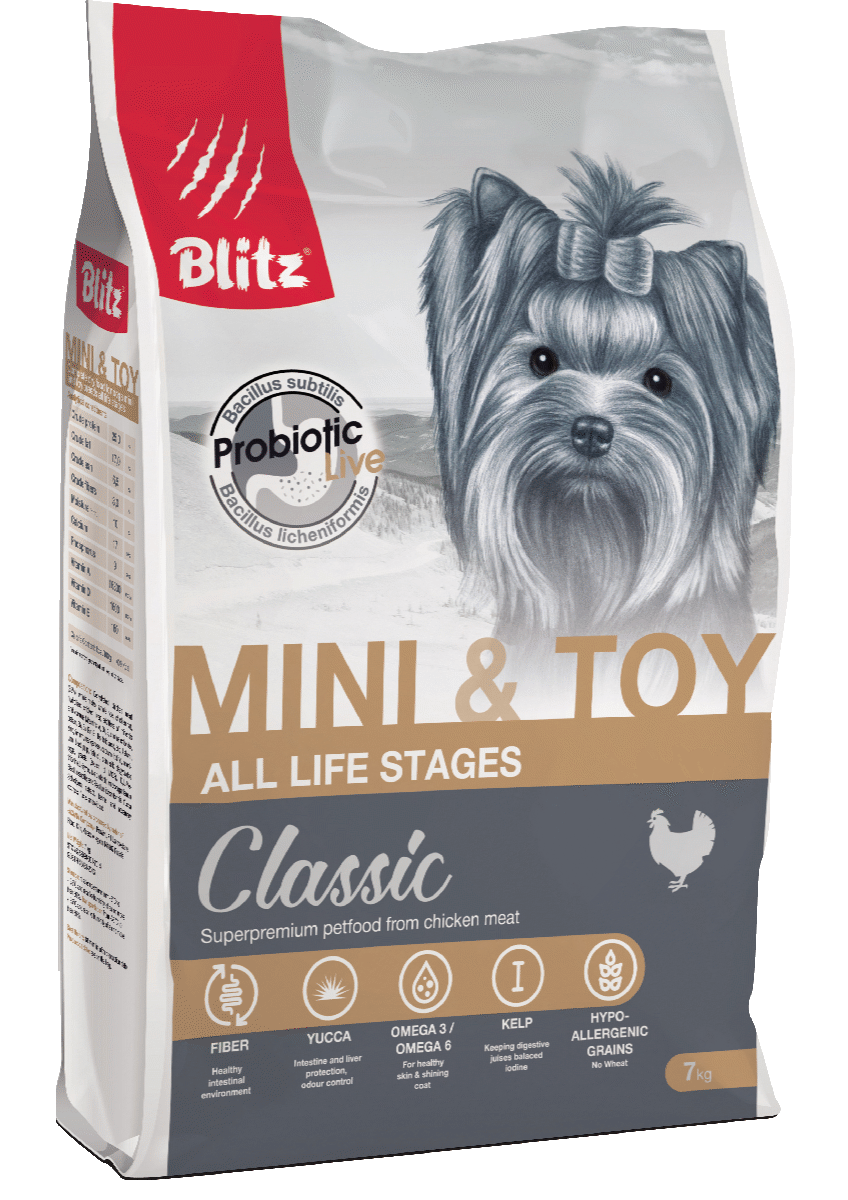 Сухой корм Блиц Классик для собак мелких и миниаюрных пород всех возрастов с Курицей и рисом (BLITZ Adult Mini & Toy)