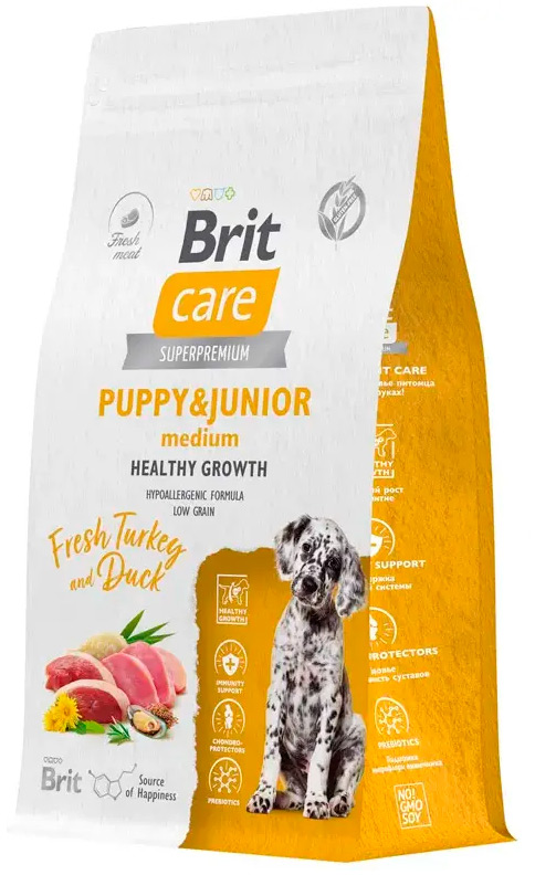 Сухой корм Брит Кеа для здорового роста щенков средних пород Brit Care Dog Puppy&Junior M Healthy Growth (Индейка и утка)