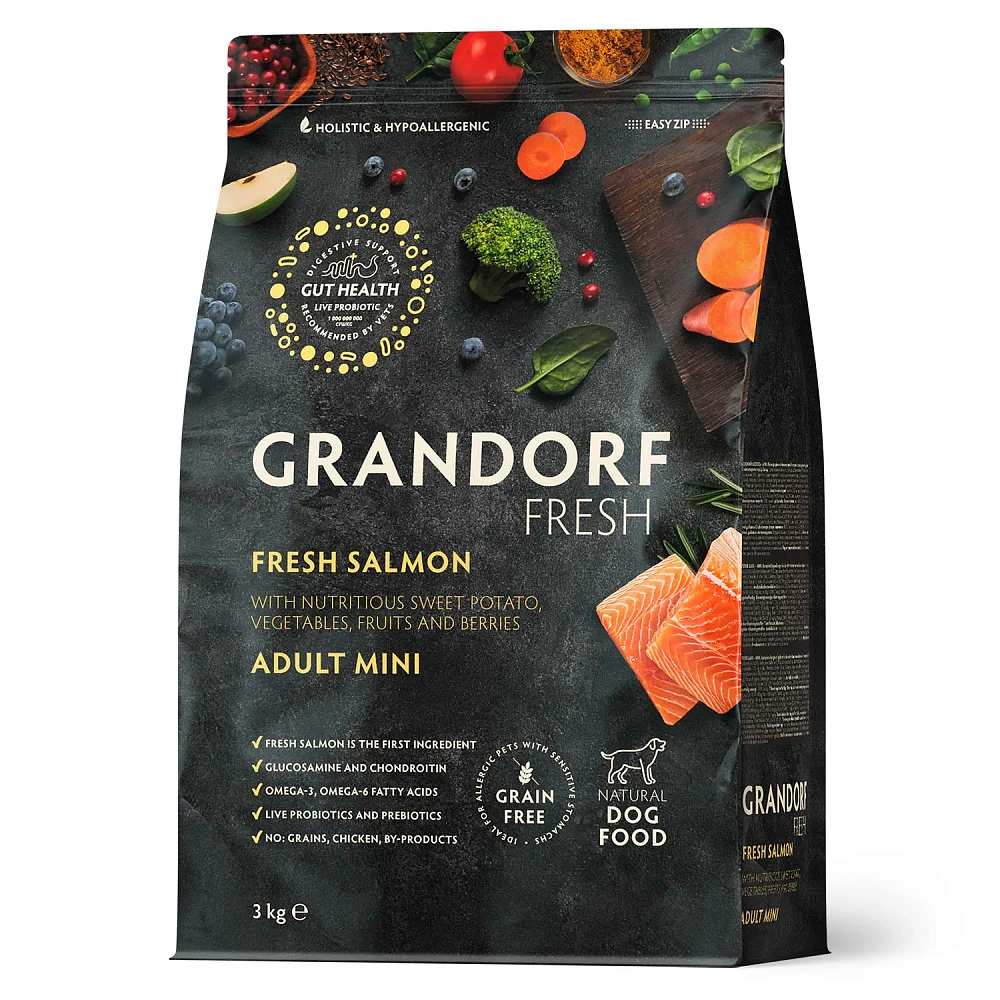 Беззерновой гипоаллергенный корм GRANDORF DOG Fresh Salmon & Sweet Potato Adult MINI BREEDS для собак мелких пород (лосось и батат)