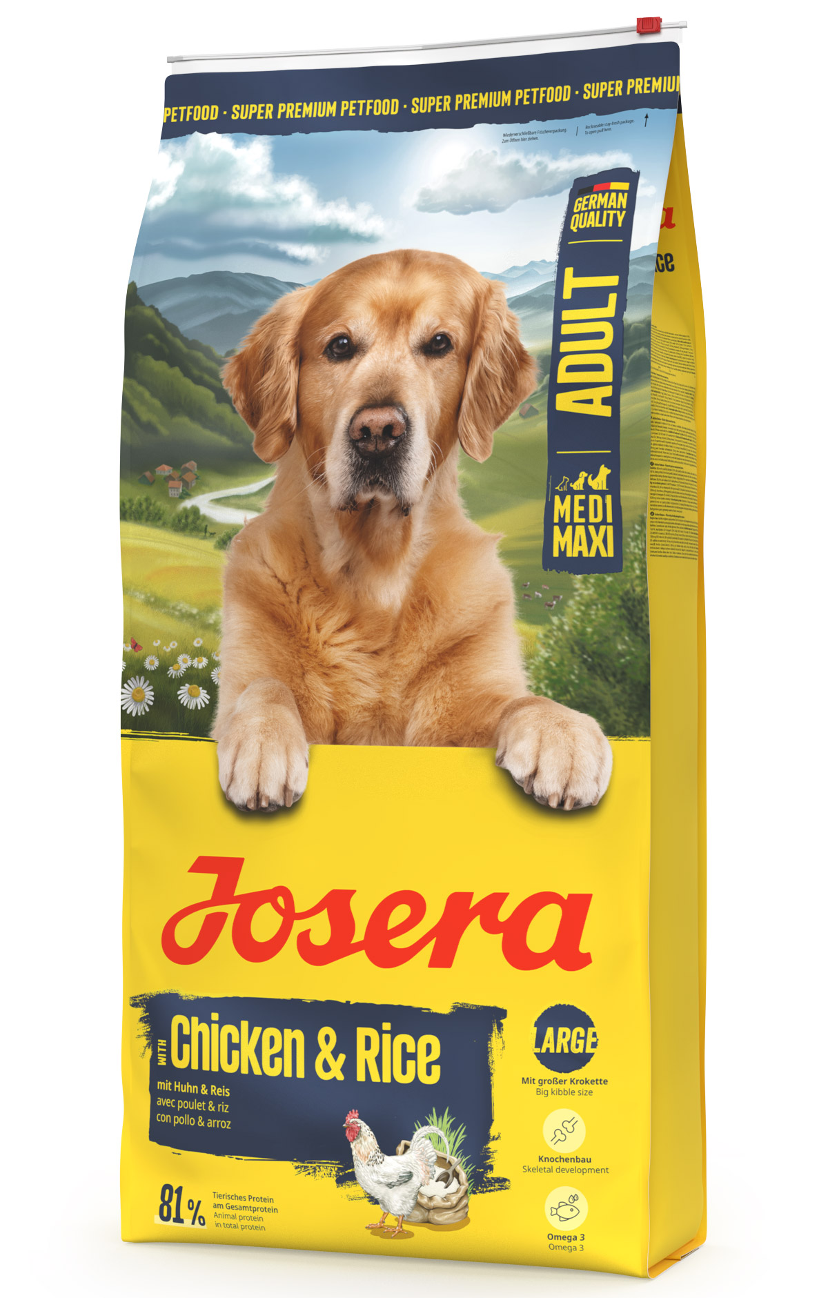 Корм Йозера Chicken&Rice (Adult Medium/Maxi 26/14) для активных собак крупных пород (прежний Large Breed), 12.5 кг.