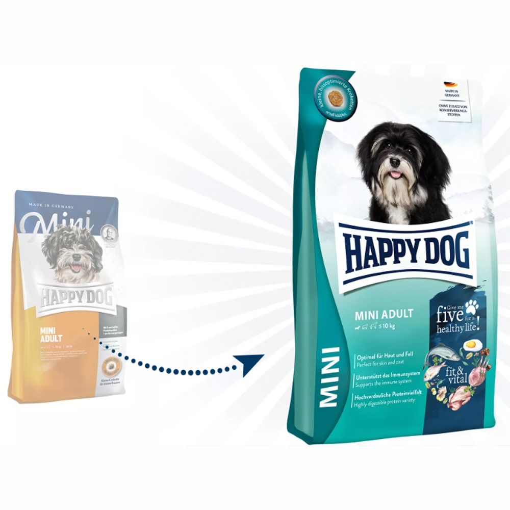 Сухой корм для собак миниатюрных пород старше 12 месяцеd Happy Dog Mini Adult Fit & Vital 26/14 (птица, лосось, рыба, ягненок)