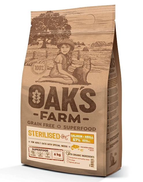 Беззерновой корм OAK'S FARM Sterilised Adult Cat Salmon + Krill для взрослых стерилизованных кошек (лосось и криль)