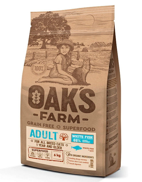 Беззерновой корм OAK'S FARM Adult Cat All Breed White Fish для взрослых кошек (белая рыба)
