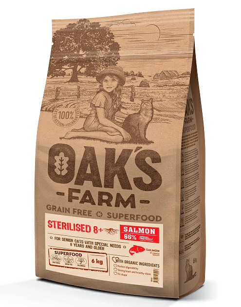 Беззерновой корм OAK'S FARM Sterilised 8+ Adult Cat Salmon для пожилых стерилизованных кошек (лосось)