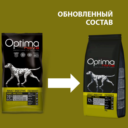 Сухой беззерновой корм для взрослых собак всех пород с чувствительным пищеварением Оптиманова Эдалт Дигестив Adult Digestive Rabbit & Potato (кролик, свинина, картофель)