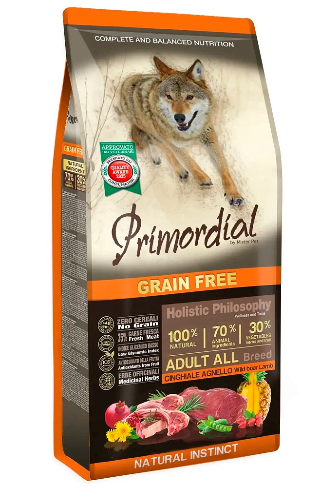 Беззерновой корм Примордиал для взрослых собак всех пород дикий кабан и ягненок (Primordial Dog Adult Wild Boar & Lamb)