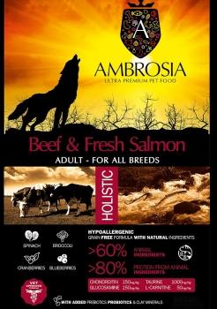 Корм холистик Ambrosia Adult All Breeds беззерновой для собак всех пород - Свежие говядина и лосось