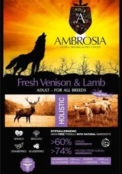 Корм холистик Ambrosia Adult All Breeds беззерновой для собак всех пород - Свежие оленина и ягненок