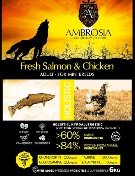 Корм холистик Ambrosia Adult Mini Breeds беззерновой для собак мелких пород - Свежие лосось и курица