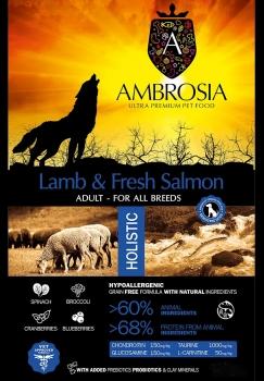 Корм холистик Ambrosia Adult All Breeds беззерновой для собак всех пород - Свежие ягненок и лосось