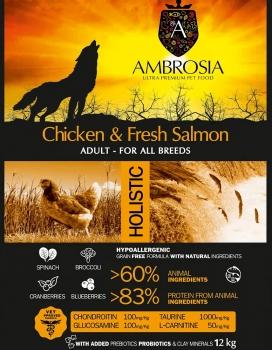 Корм холистик Ambrosia Adult All Breeds беззерновой для собак всех пород - Свежие курица и лосось