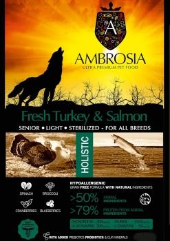 Корм холистик Ambrosia Senior All Breeds беззерновой для пожилых, с ожирением и стерилизованных собак - Свежие индейка и лосось