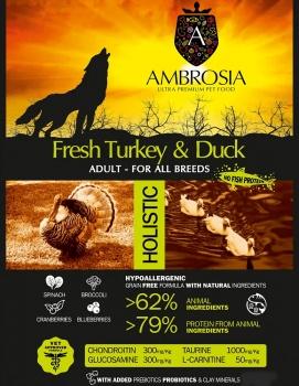 Корм холистик Ambrosia Adult All Breeds беззерновой для собак всех пород - Свежие индейка и утка