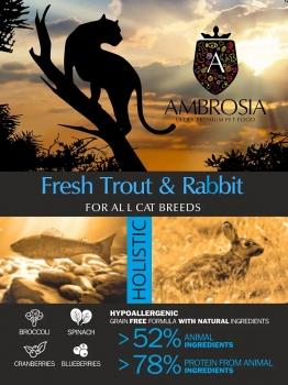 Корм холистик Ambrosia Sterilized Cat беззерновой для стерилизованных кошек - Свежая форель и кролик