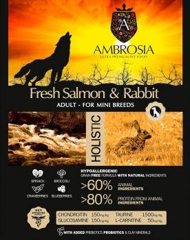 Корм холистик Ambrosia Adult Mini Breeds беззерновой для собак мелких пород - Свежие лосось и кролик