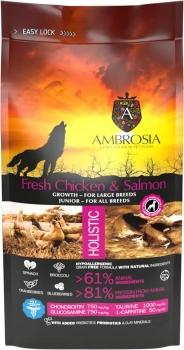 Корм холистик Ambrosia Puppy & Junior Large Breeds беззерновой для щенков крупных пород и юниоров - Свежие курица и лосось