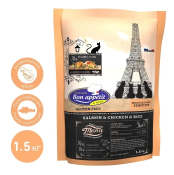 Корм Bon Appetit Sensitive для взрослых кошек с чувствительным пищеварением с лососем и курицей Image 1