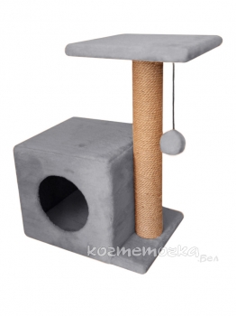 Домик Cat House с боковой полкой с шариком на резинке (мех, джут), 58 см