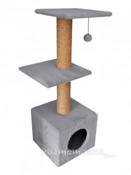 Домик Cat House с двумя полками с шариком на резинке (мех, джут), 100 см