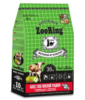 Корм ZooRing Adult Dog Мясной рацион для взрослых собак средних и крупных пород с глюкозамином и хондроитином (Мясной рацион Говядина, рис с яблоками)