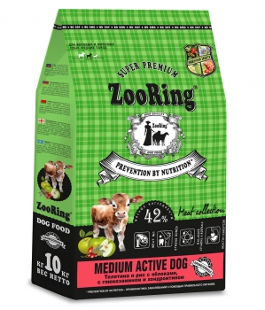 Корм ZooRing Medium Active Dog для молодых и взрослых собак средних пород с глюкозамином и хондроитином (Телятина и рис)
